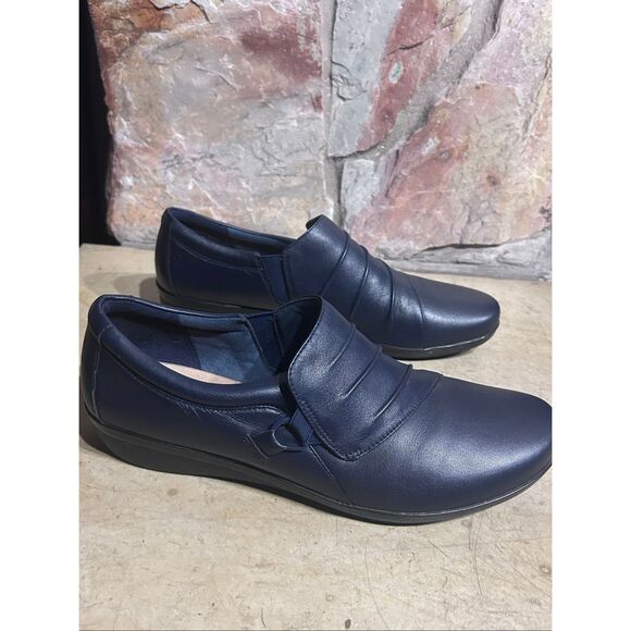 Clarks Collection Navy Leather Ruched Comfort Slip-On Loafers Sz 12M - Picture 2 of 10